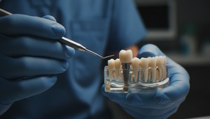 Oral surgeon with gloved hands holding model of a dental implant